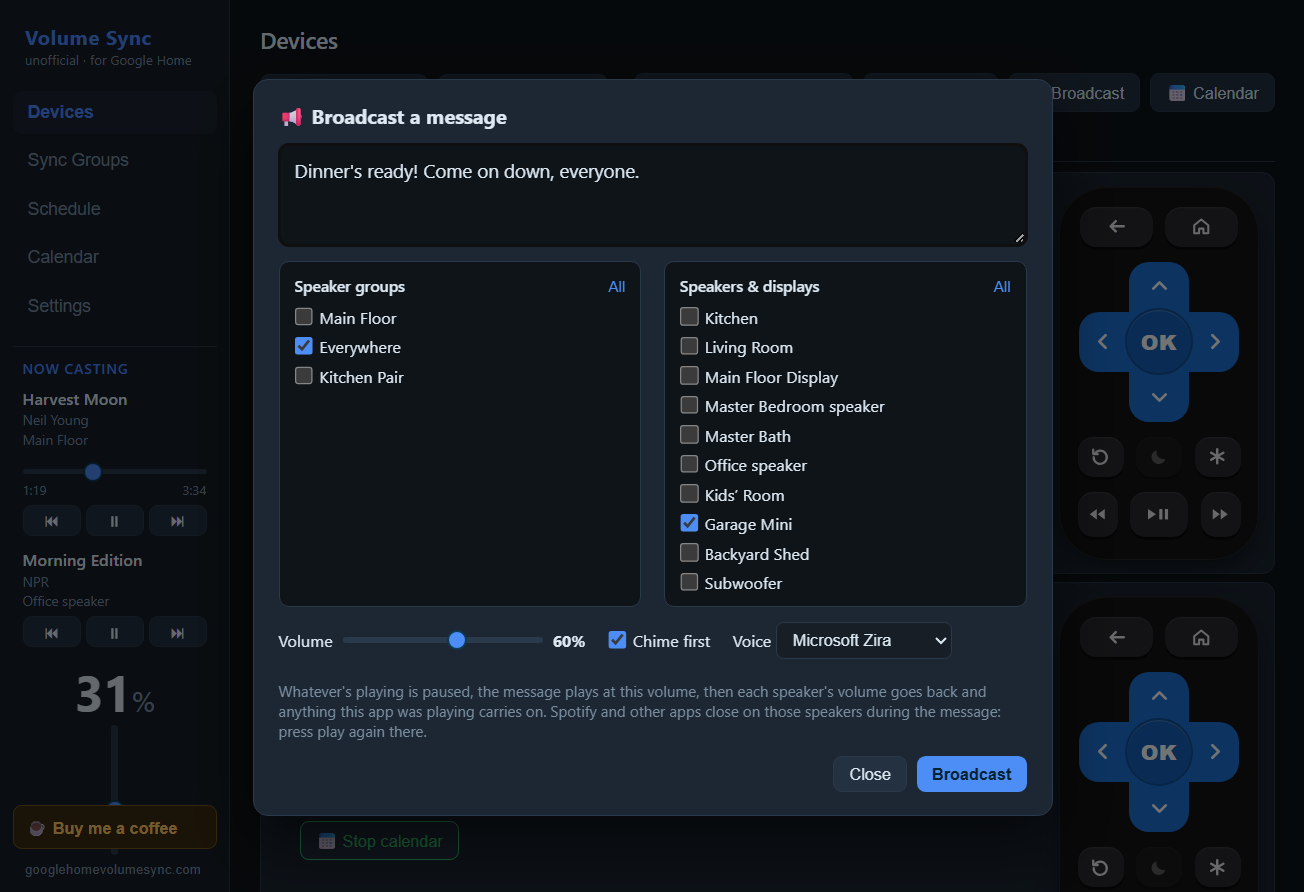 Broadcast dialog with a dinner message, speaker checkboxes, volume, chime and voice