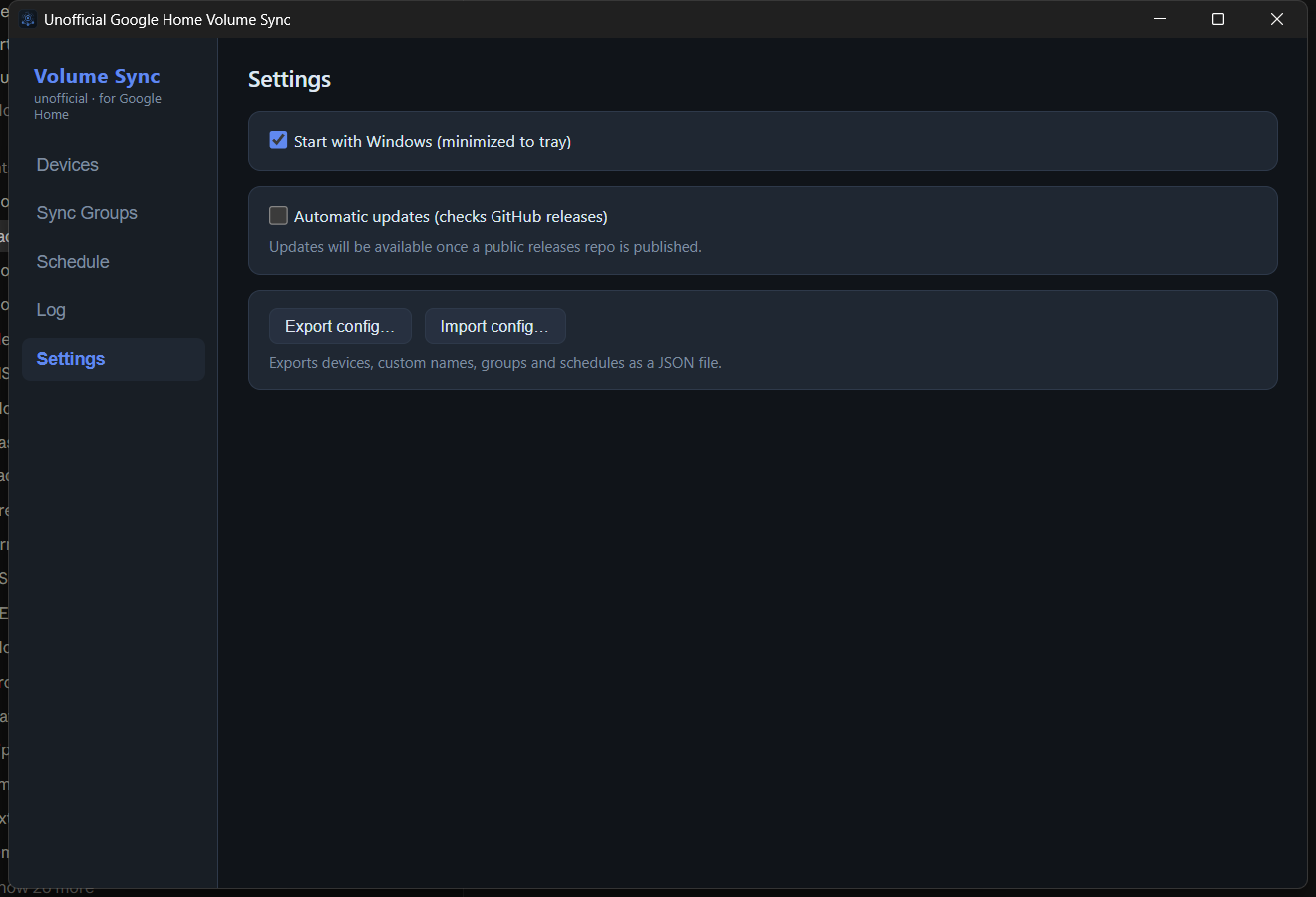 Settings view: start with Windows, automatic updates and config export/import