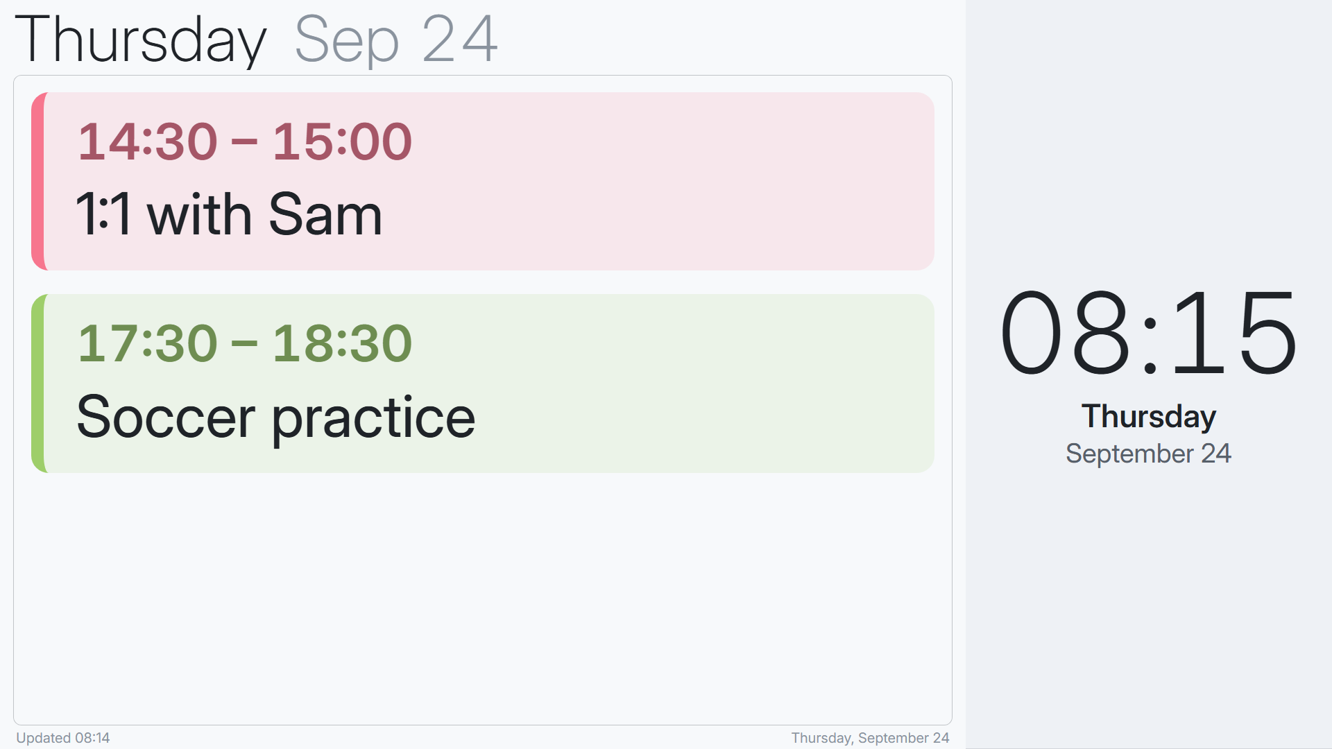 Day view in light mode with two large events and a big clock, as set up for a Nest Hub